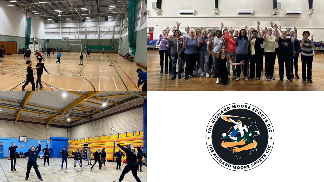 Collage image of sporting activities and Richard Moore Sports CIC logo