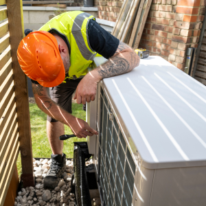 worker in hard hat and hi viz vest installing a heat pump