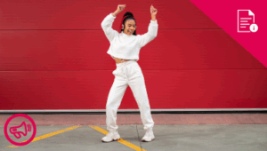 woman dancing outside a red garage door with red marketing graphic and red information graphic