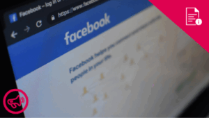 close up of a laptop screen with facebook. Red resources for delivery information graphic, red marketing loudhailer graphic