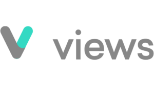 The Views logo which is a large V with one side coloured grey and the other side pale green with the word views