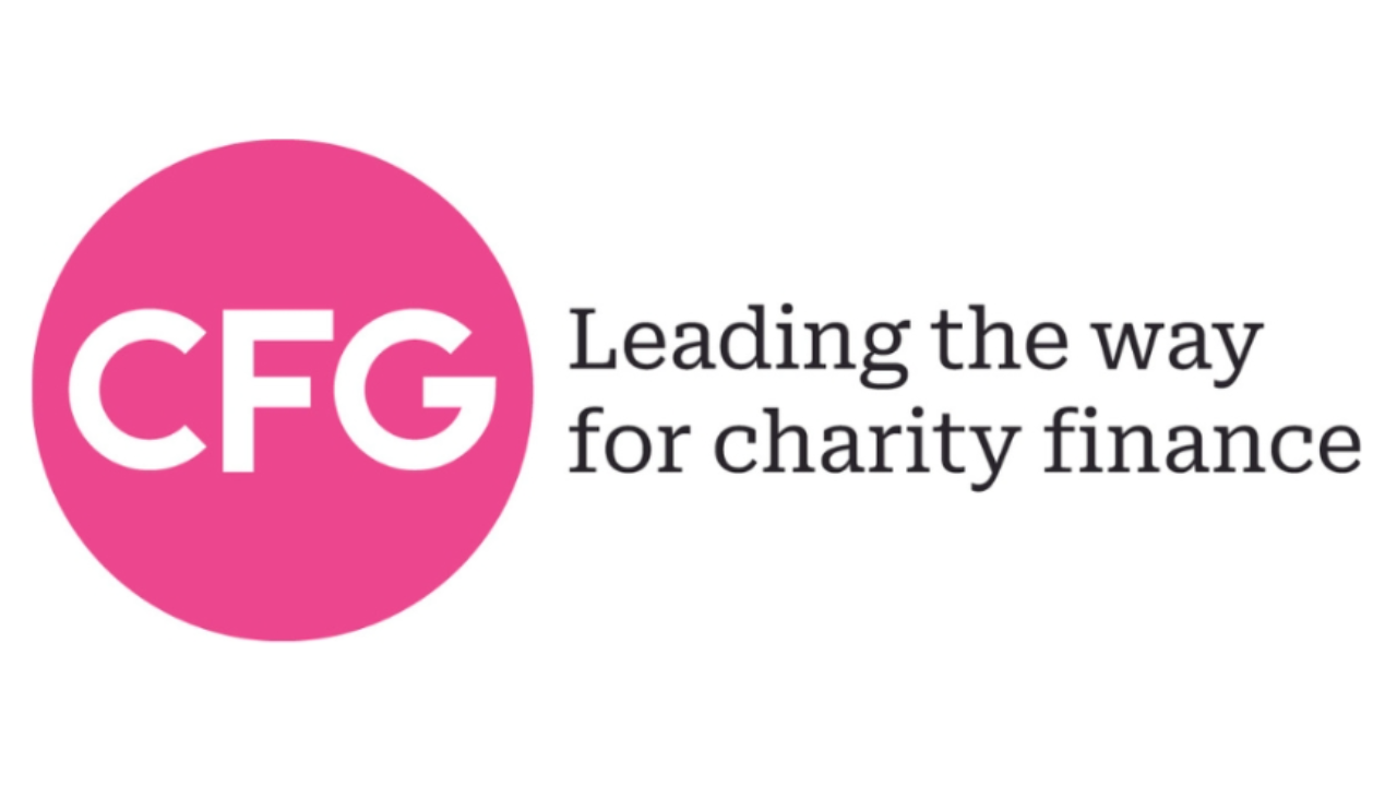 CFG in white letters in a pink circle. With black text to the right which reads Leading the way for charity finance