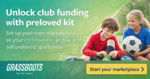 Unlock club funding with preloved kit. Set up your own marketplace so your community can buy and sell preloved sportswear. The link from this image will take you to the grassboots site to start your marketplace. The image has a photo of a young boy and girl who are smiling and sat on the grass with a football.