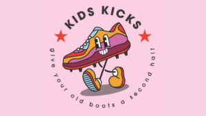 An image of a multicoloured cartoon football boot with a smiley face on it's side and it's own two legs like it is running. There is text around it that reads Kids Kicks give your old boots a second half.