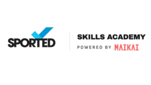 Sported logo which is the word Sported with a blue tick above the word next to Skills Academy Powered by Maikai, the word Maikai is their logo which is in red text