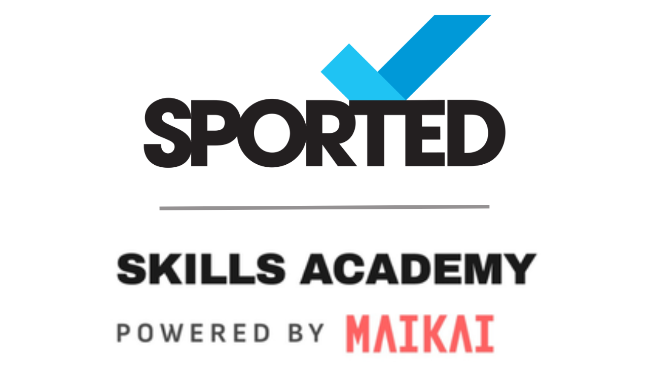 Sported logo which is the word Sported with a blue tick above the word on top of Skills Academy Powered by Maikai, the word Maikai is their logo which is in red text